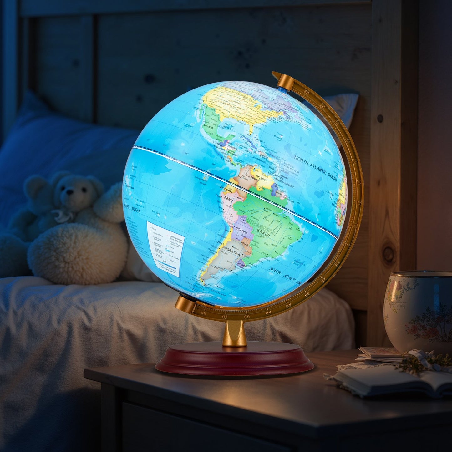 8 Inch Illuminated World Globe Night Light up Globe Lamp with Wooden Stand and HD Map-Blue