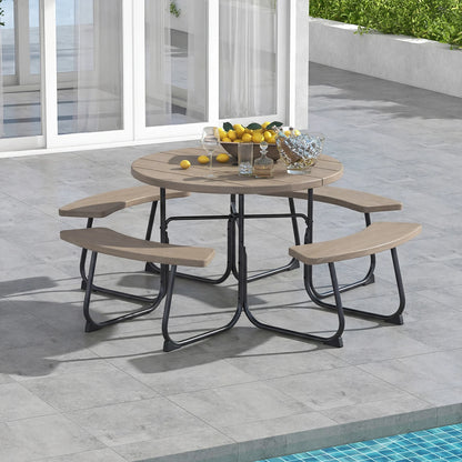 8-Person Outdoor Picnic Table and Bench Set with Umbrella Hole-Rustic Brown