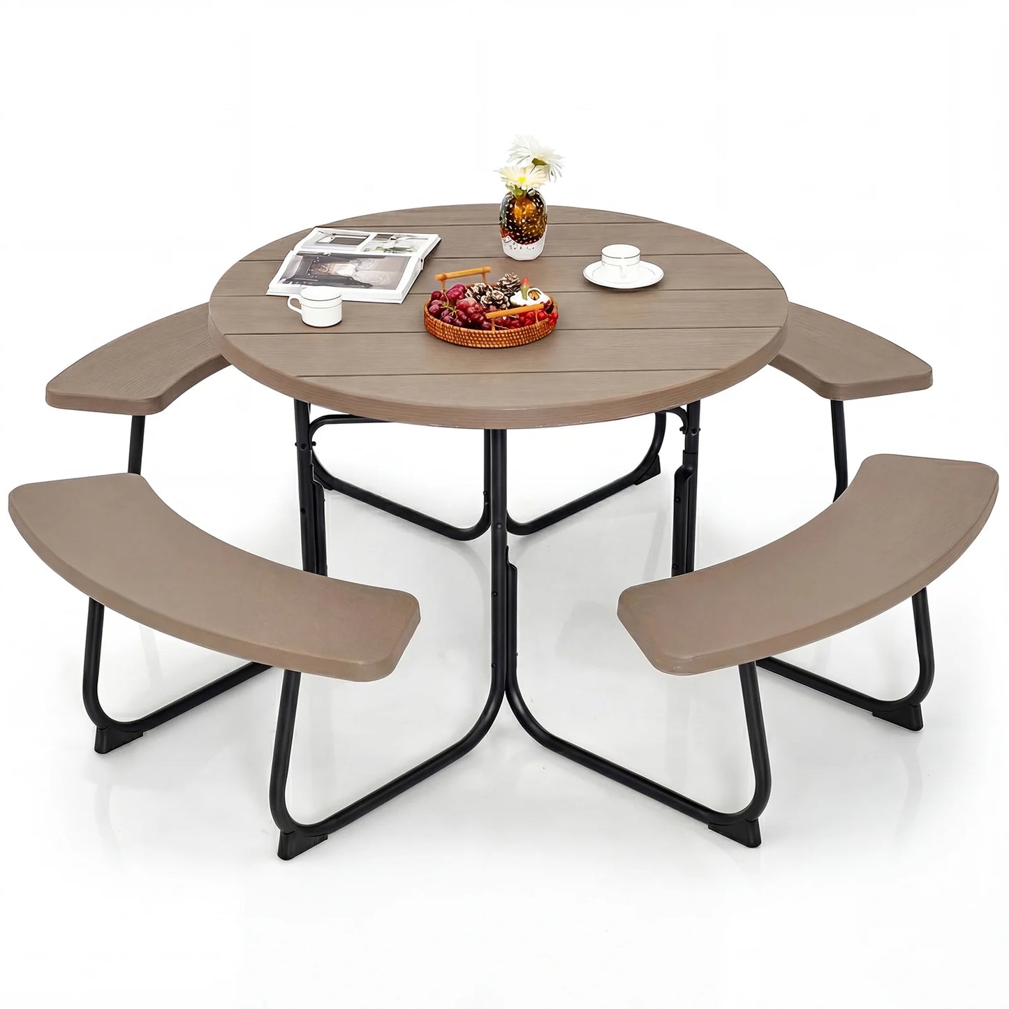 8-Person Outdoor Picnic Table and Bench Set with Umbrella Hole-Rustic Brown