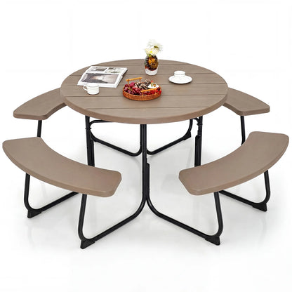 8-Person Outdoor Picnic Table and Bench Set with Umbrella Hole-Rustic Brown
