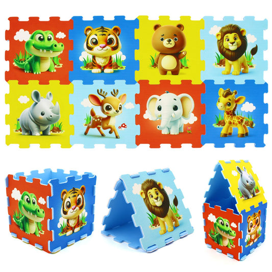 Colorful 8-piece educational animal interlocking baby play mat with animal illustrations, perfect for baby activity and tummy time.