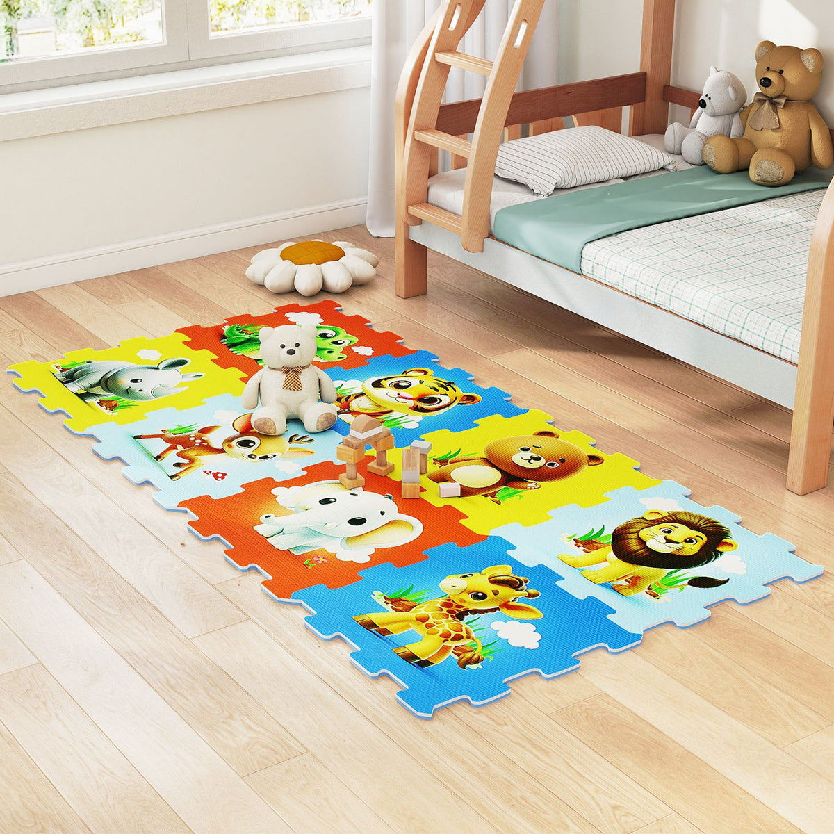 Eight-piece educational animal-themed baby play mat with interlocking foam tiles for toddler play and tummy time activities.