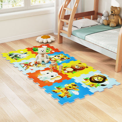 Eight-piece educational animal-themed baby play mat with interlocking foam tiles for toddler play and tummy time activities.