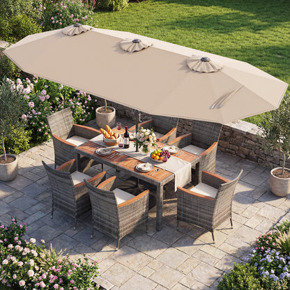 8-Piece Patio Dining Set with Double-Sided Market Umbrella-Beige