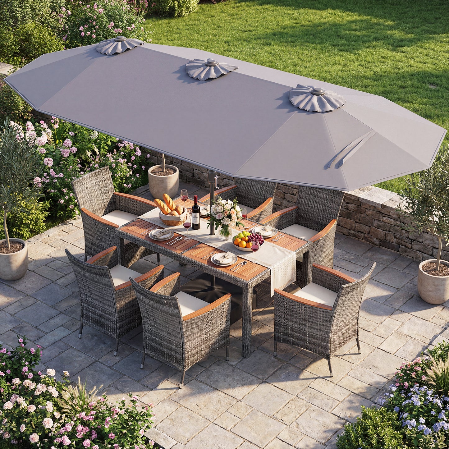 8-Piece Patio Dining Set with Double-Sided Market Umbrella-Beige