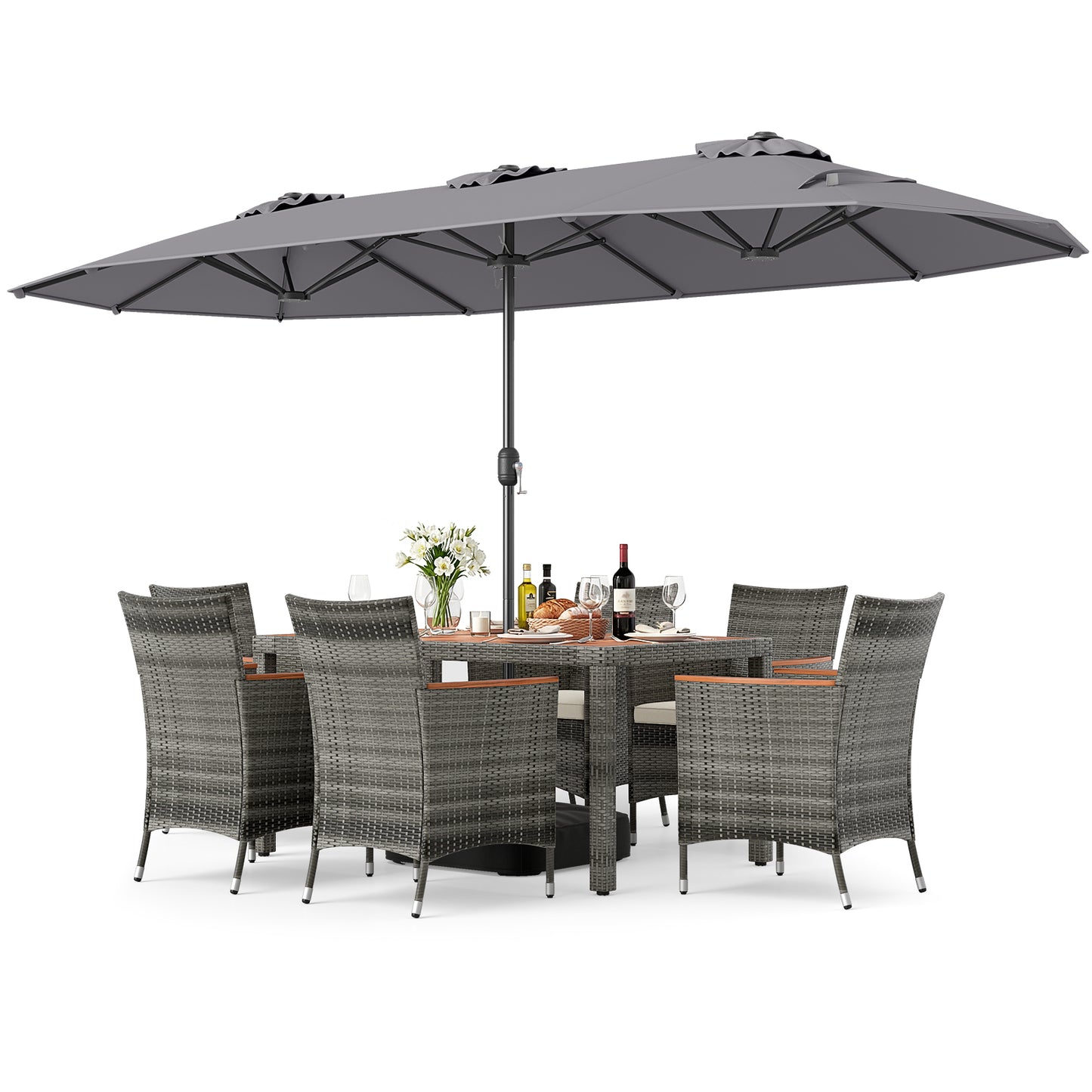 8-Piece Patio Dining Set with Double-Sided Market Umbrella-Beige