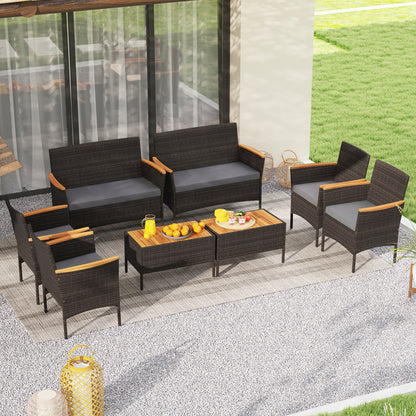 8 Piece Patio Wicker Sofa Set 4 Rattan Chairs and 2 Loveseat with 2 Table-Gray
