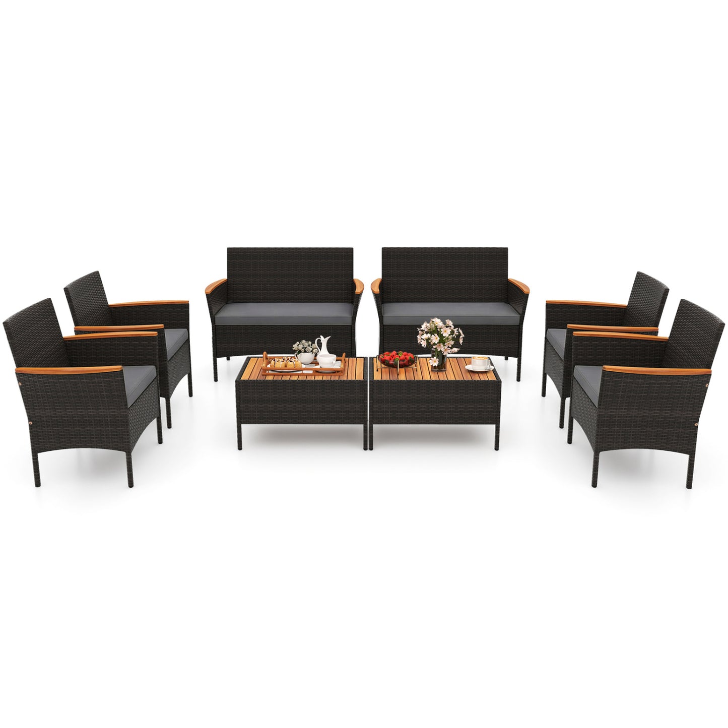 8 Piece Patio Wicker Sofa Set 4 Rattan Chairs and 2 Loveseat with 2 Table-Gray