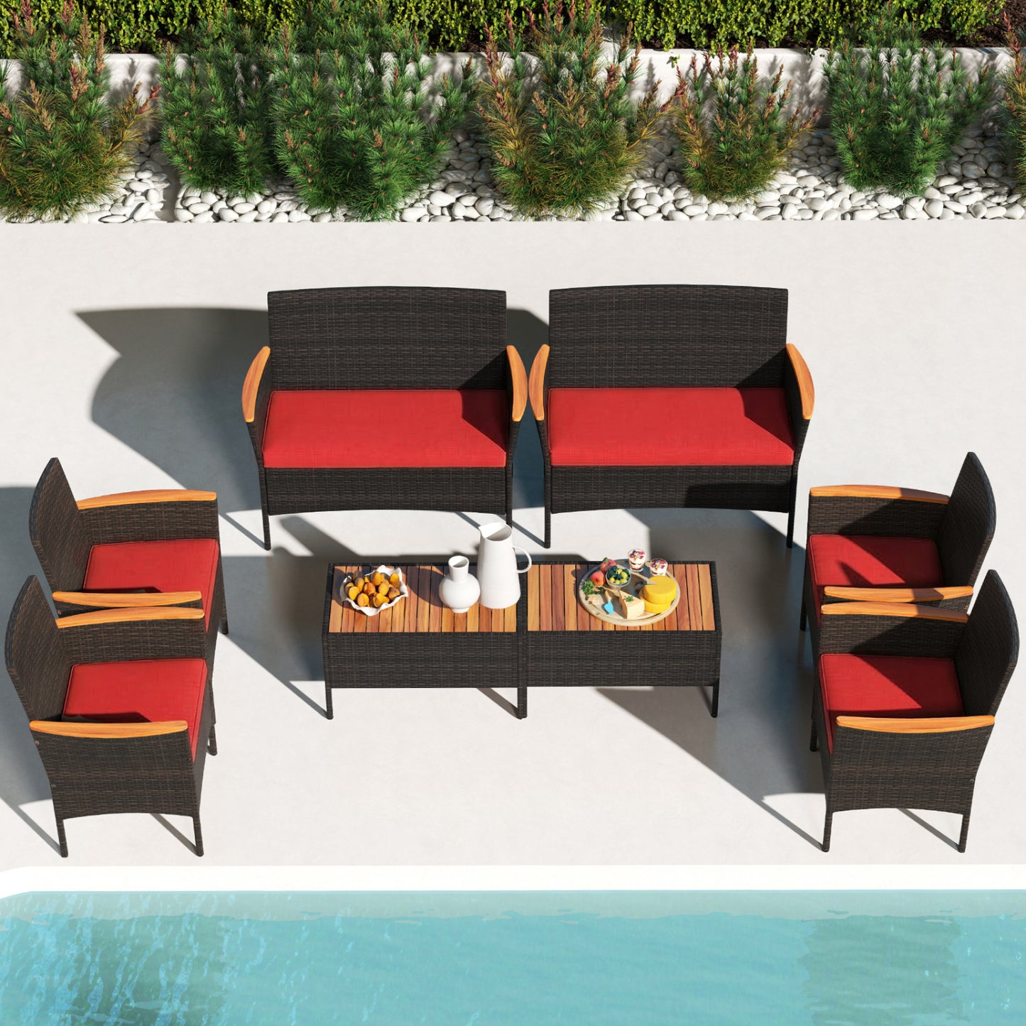 8 Piece Patio Wicker Sofa Set 4 Rattan Chairs and 2 Loveseat with 2 Table-Gray