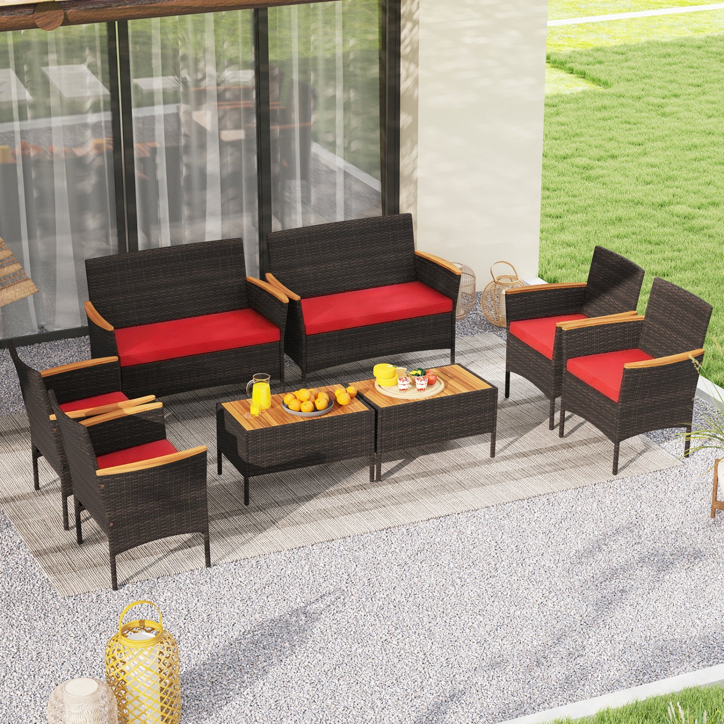 8 Piece Patio Wicker Sofa Set 4 Rattan Chairs and 2 Loveseat with 2 Table-Gray