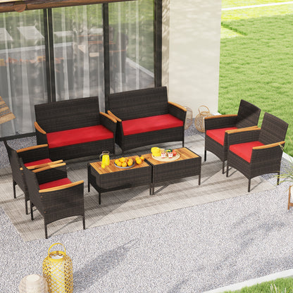 8 Piece Patio Wicker Sofa Set 4 Rattan Chairs and 2 Loveseat with 2 Table-Gray