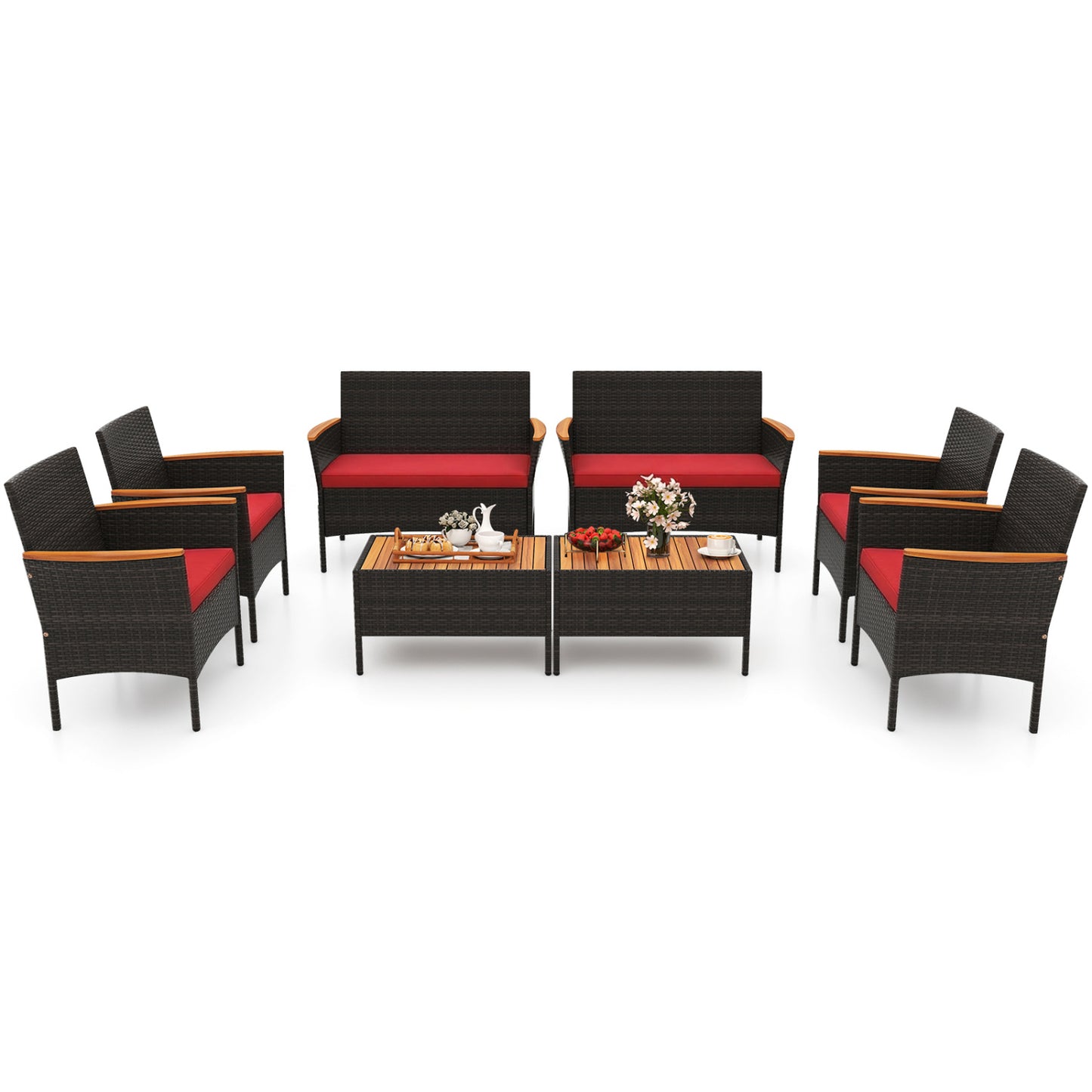 8 Piece Patio Wicker Sofa Set 4 Rattan Chairs and 2 Loveseat with 2 Table-Gray