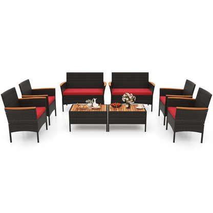 8 Piece Patio Wicker Sofa Set 4 Rattan Chairs and 2 Loveseat with 2 Table-Gray