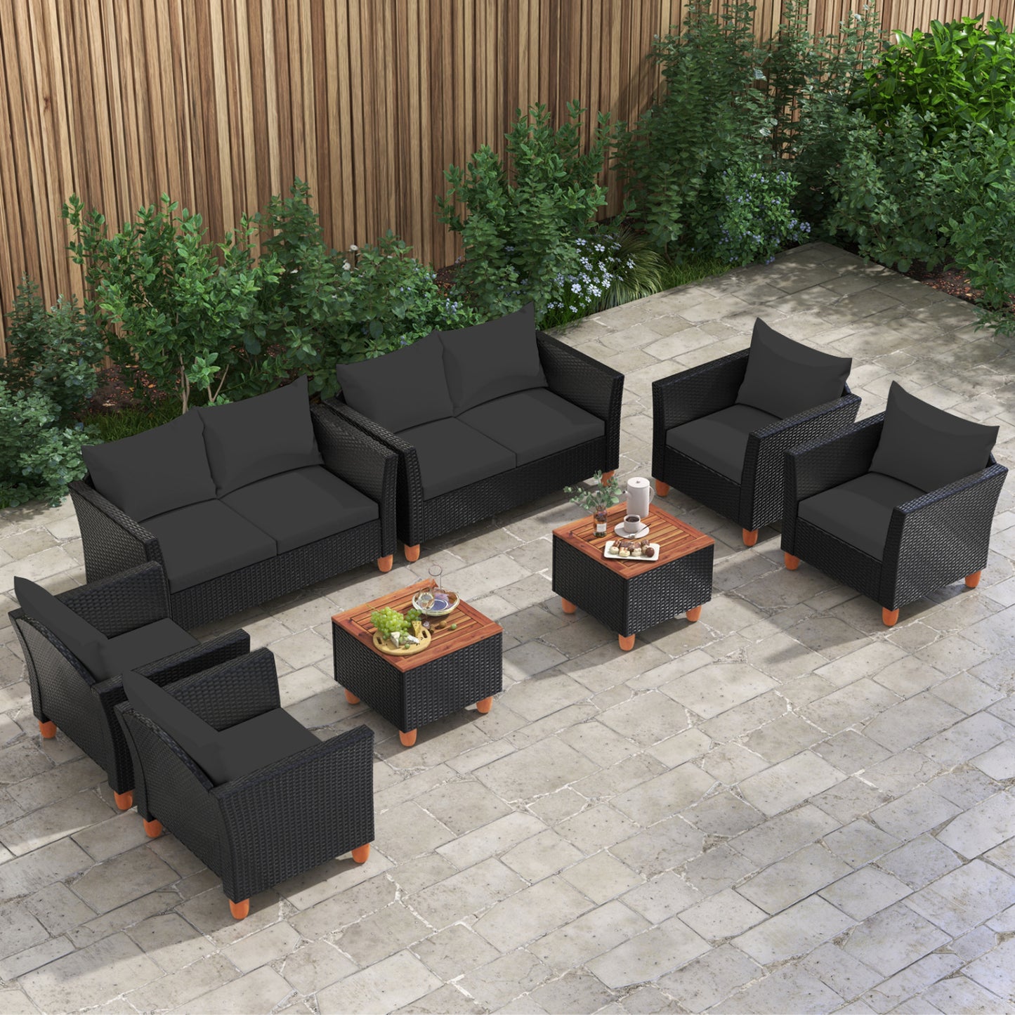 8 Pieces Outdoor Conversation Set with Storage Coffee Table-Black