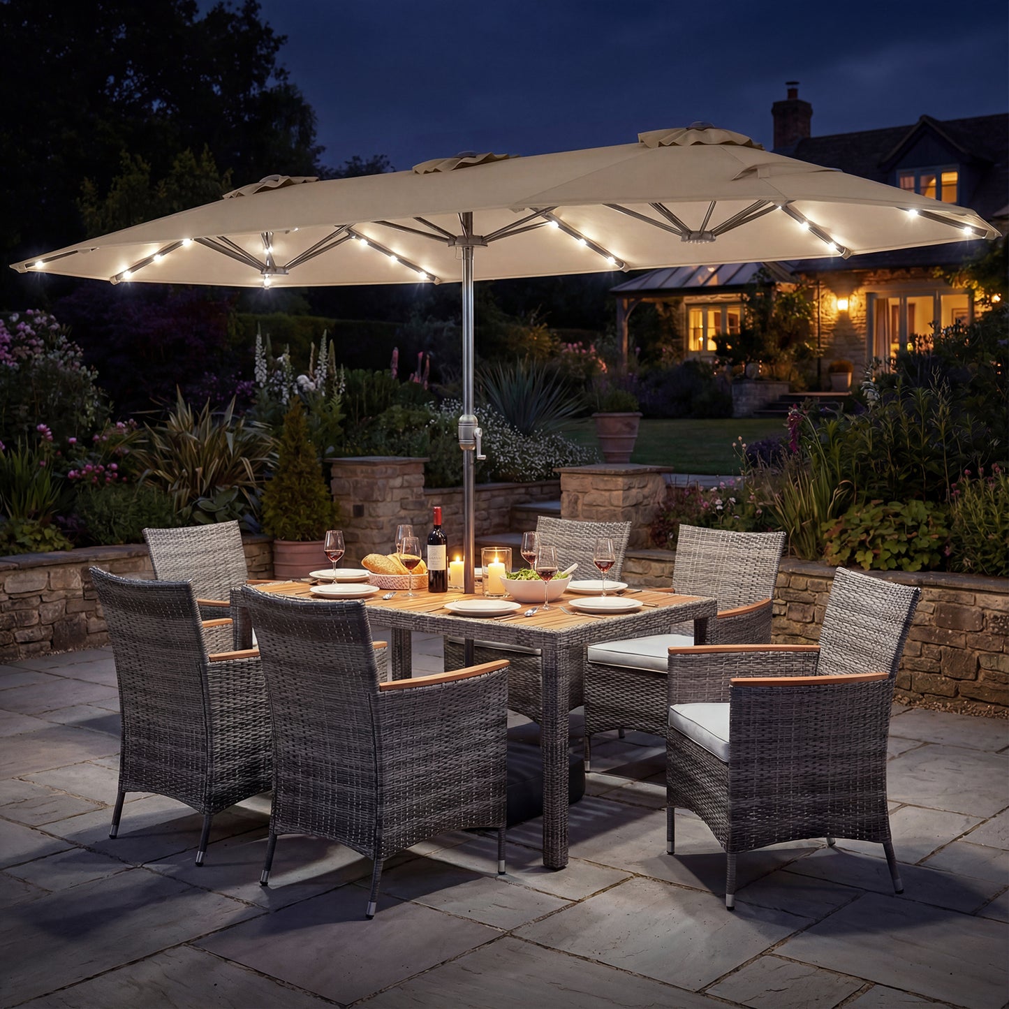 8 Pieces Outdoor Wicker Dining Furniture and 13.5 FT Double-Sided Patio Umbrella-Beige