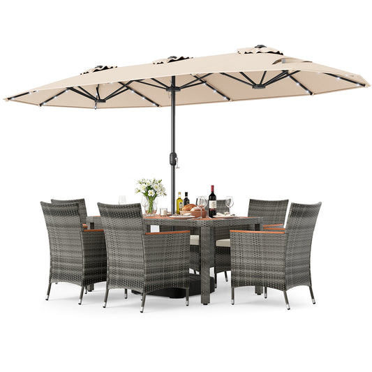 8 Pieces Outdoor Wicker Dining Furniture and 13.5 FT Double-Sided Patio Umbrella-Beige