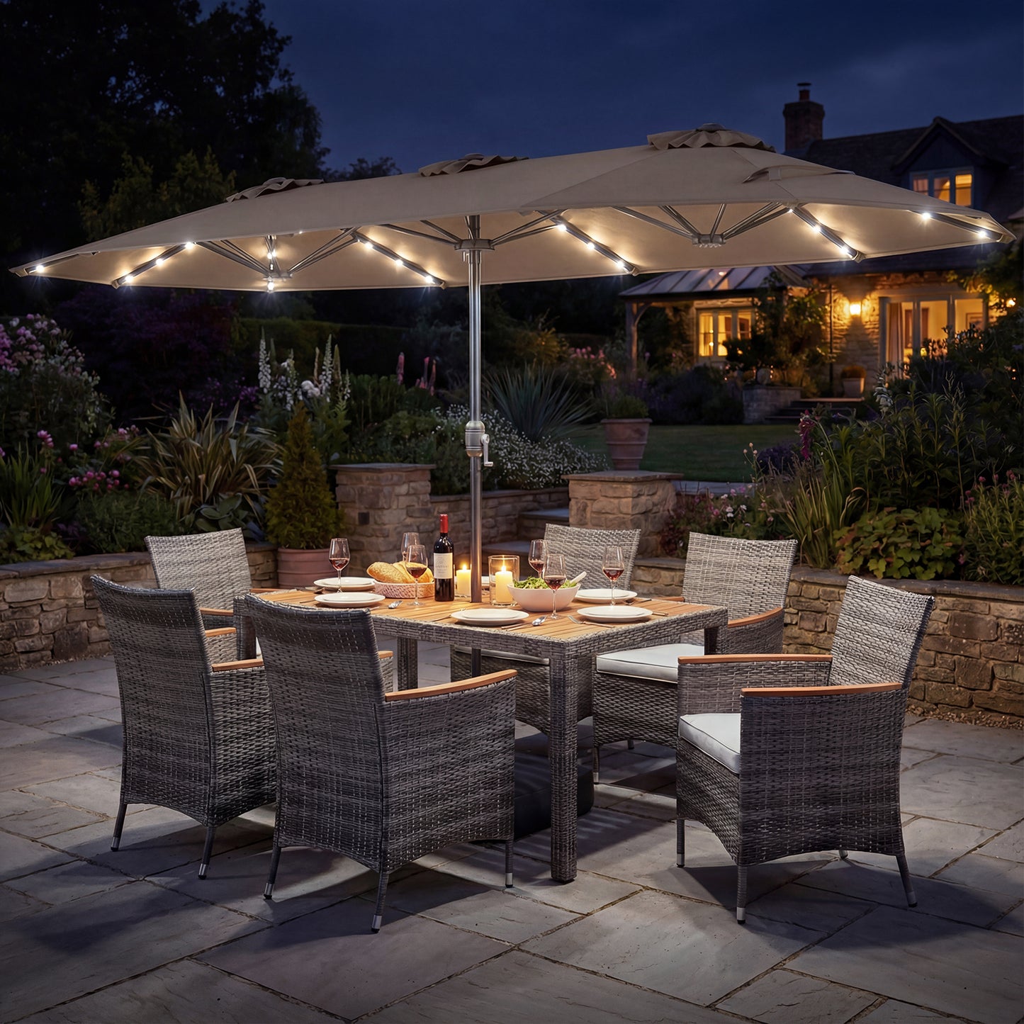 8 Pieces Outdoor Wicker Dining Furniture and 13.5 FT Double-Sided Patio Umbrella-Beige