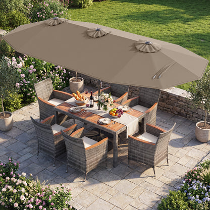 8 Pieces Outdoor Wicker Dining Furniture and 13.5 FT Double-Sided Patio Umbrella-Beige