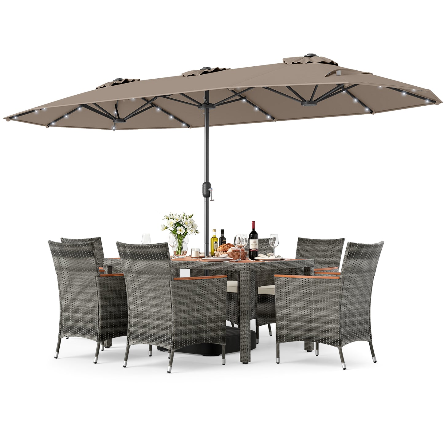 8 Pieces Outdoor Wicker Dining Furniture and 13.5 FT Double-Sided Patio Umbrella-Beige