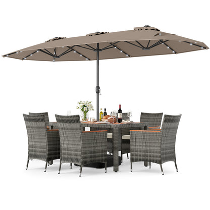 8 Pieces Outdoor Wicker Dining Furniture and 13.5 FT Double-Sided Patio Umbrella-Beige