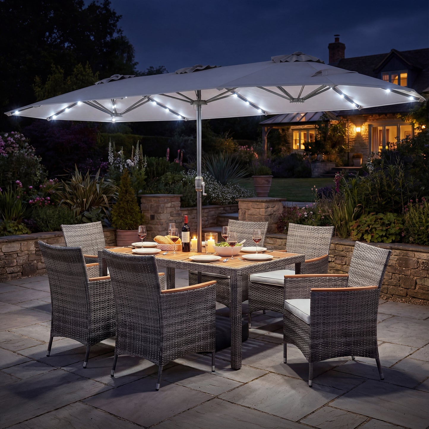 8 Pieces Outdoor Wicker Dining Furniture and 13.5 FT Double-Sided Patio Umbrella-Beige