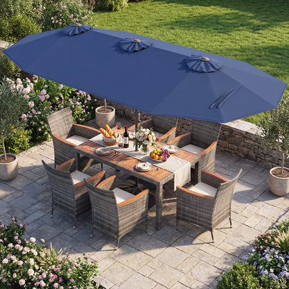 8 Pieces Outdoor Wicker Dining Furniture and 13.5 FT Double-Sided Patio Umbrella-Beige