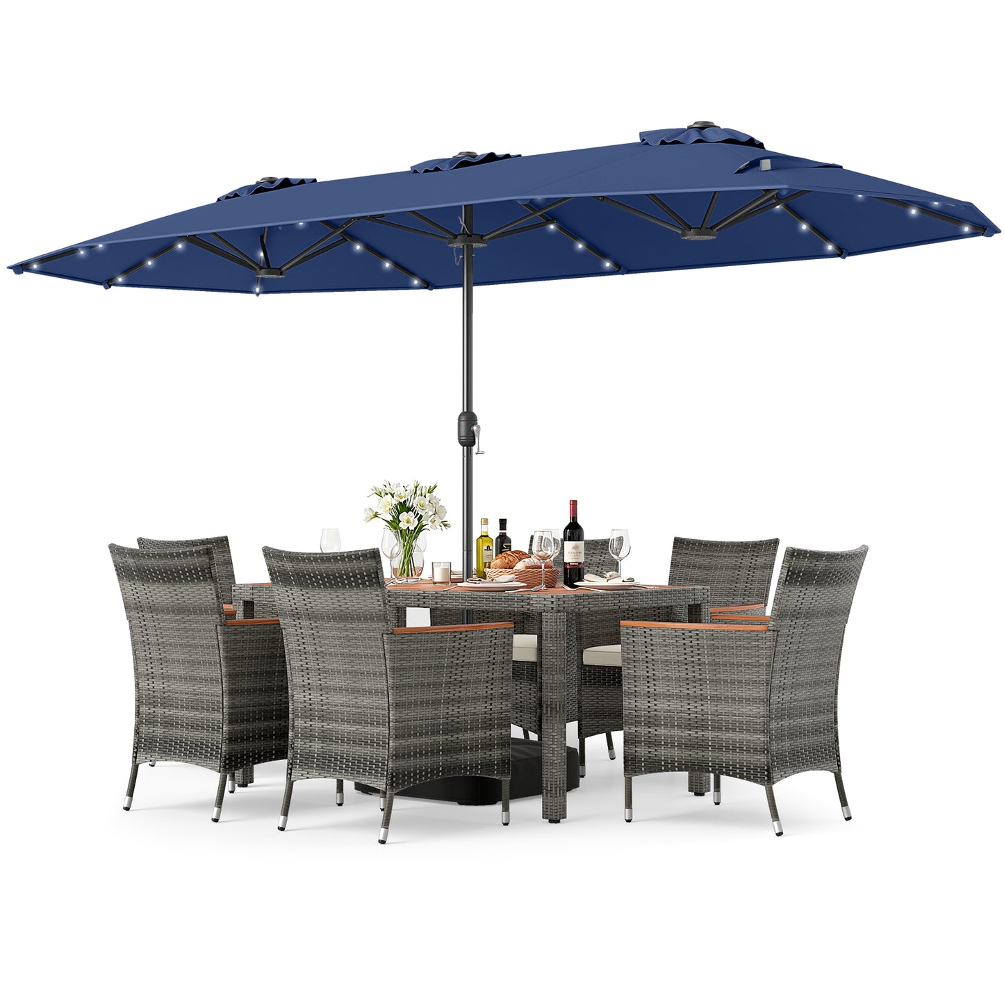 8 Pieces Outdoor Wicker Dining Furniture and 13.5 FT Double-Sided Patio Umbrella-Beige