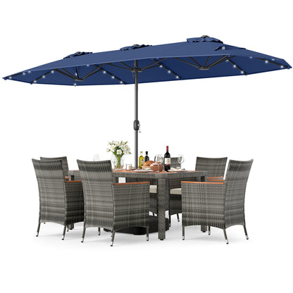8 Pieces Outdoor Wicker Dining Furniture and 13.5 FT Double-Sided Patio Umbrella-Beige