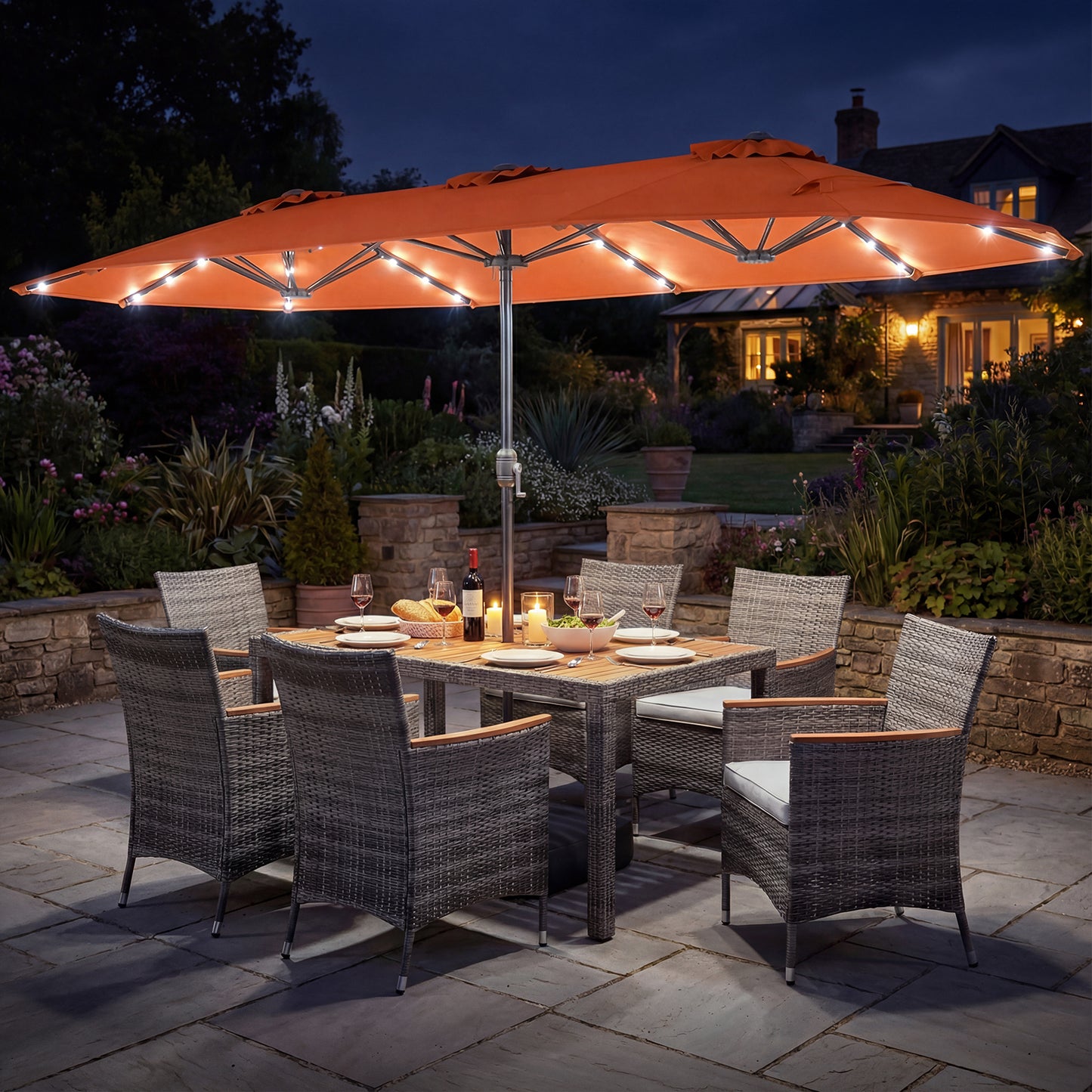 8 Pieces Outdoor Wicker Dining Furniture and 13.5 FT Double-Sided Patio Umbrella-Beige