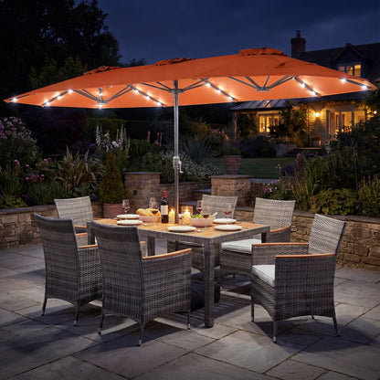 8 Pieces Outdoor Wicker Dining Furniture and 13.5 FT Double-Sided Patio Umbrella-Beige