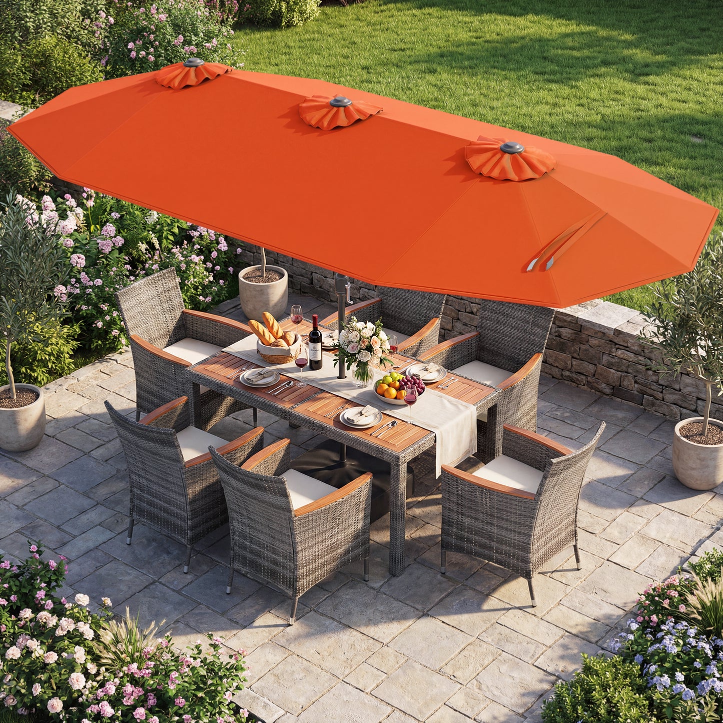 8 Pieces Outdoor Wicker Dining Furniture and 13.5 FT Double-Sided Patio Umbrella-Beige