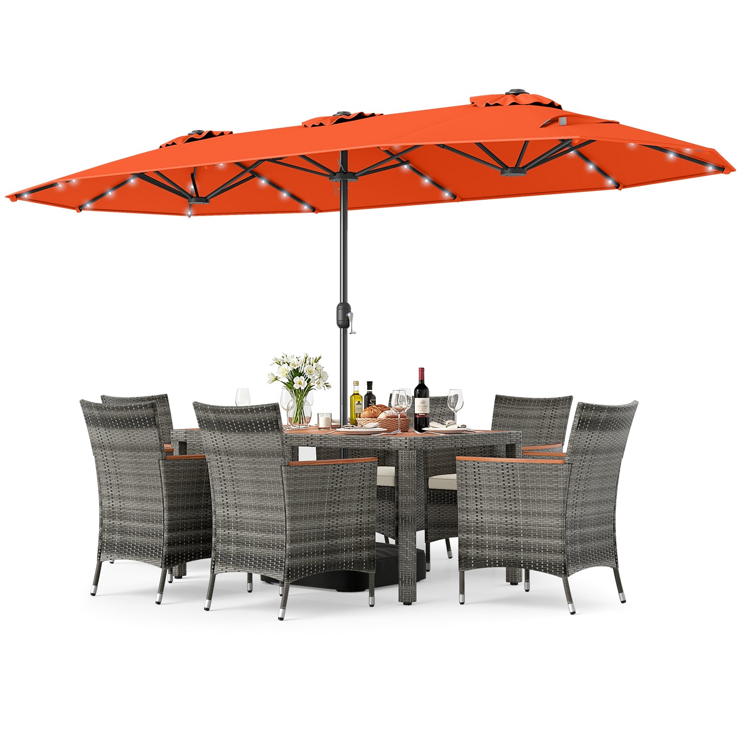 8 Pieces Outdoor Wicker Dining Furniture and 13.5 FT Double-Sided Patio Umbrella-Beige