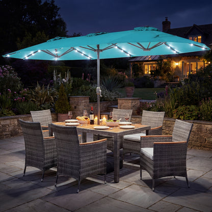 8 Pieces Outdoor Wicker Dining Furniture and 13.5 FT Double-Sided Patio Umbrella-Beige