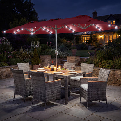 8 Pieces Outdoor Wicker Dining Furniture and 13.5 FT Double-Sided Patio Umbrella-Beige