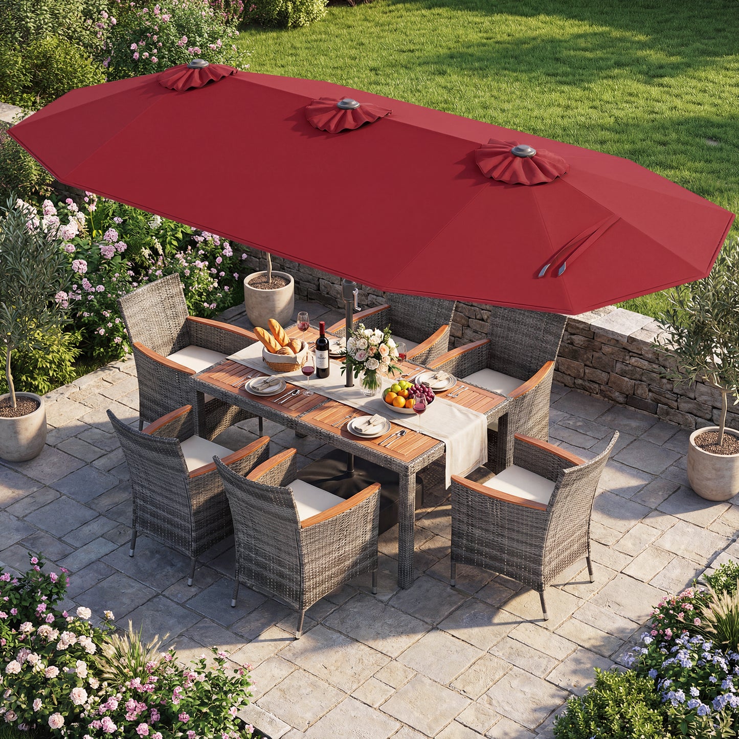 8 Pieces Outdoor Wicker Dining Furniture and 13.5 FT Double-Sided Patio Umbrella-Beige