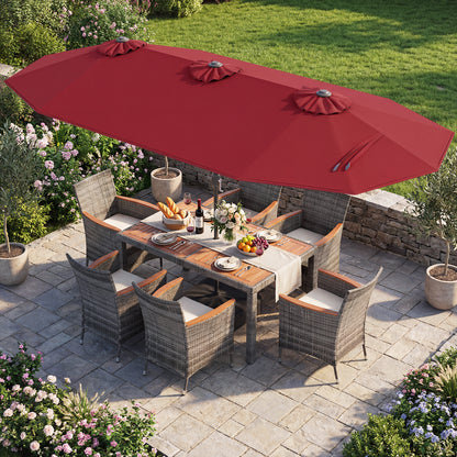 8 Pieces Outdoor Wicker Dining Furniture and 13.5 FT Double-Sided Patio Umbrella-Beige