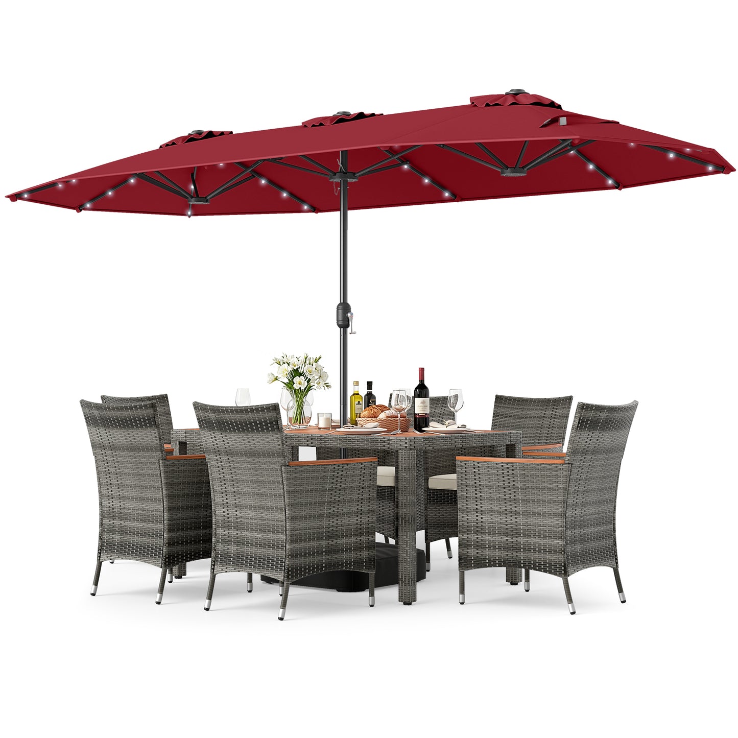 8 Pieces Outdoor Wicker Dining Furniture and 13.5 FT Double-Sided Patio Umbrella-Beige