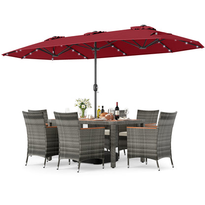 8 Pieces Outdoor Wicker Dining Furniture and 13.5 FT Double-Sided Patio Umbrella-Beige