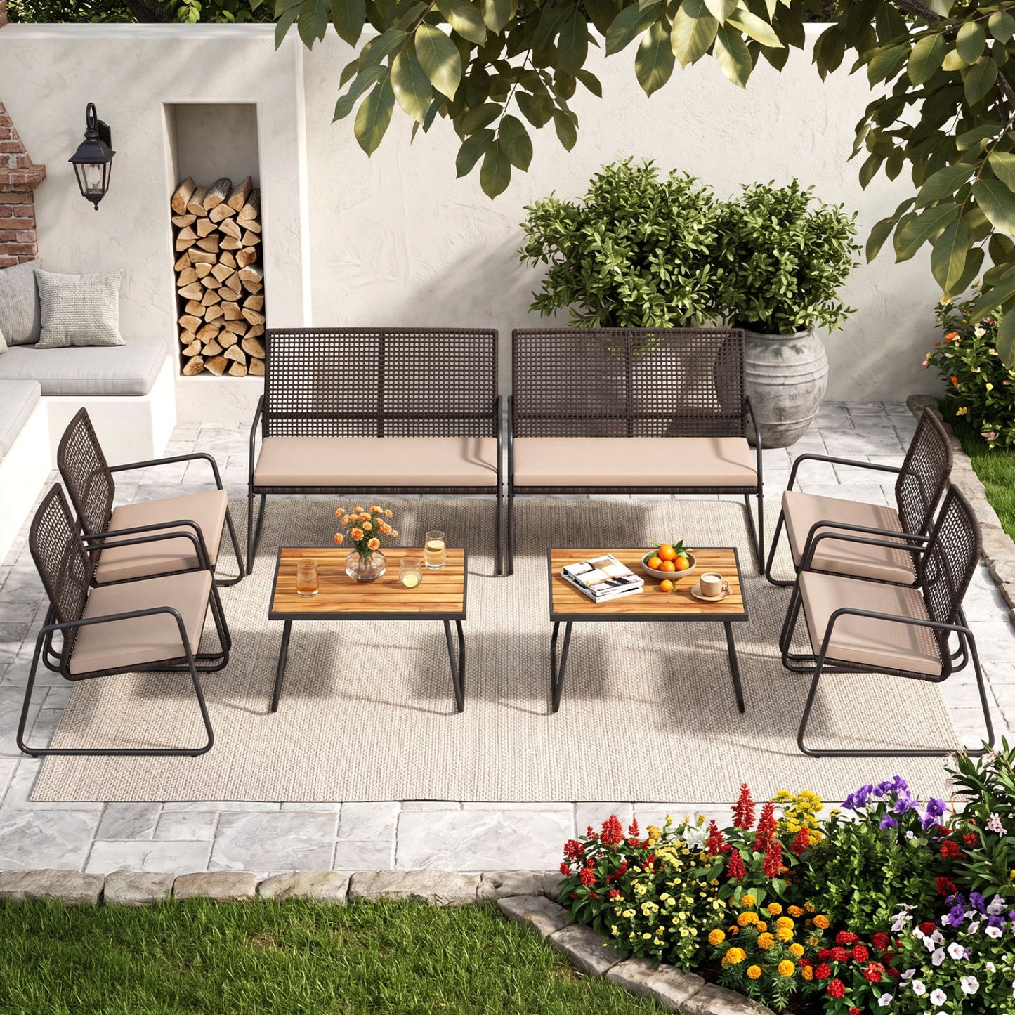 8-piece patio furniture set with acacia wood coffee table and yellow zippered cushions, outdoor conversation set by Wilsons Home Store