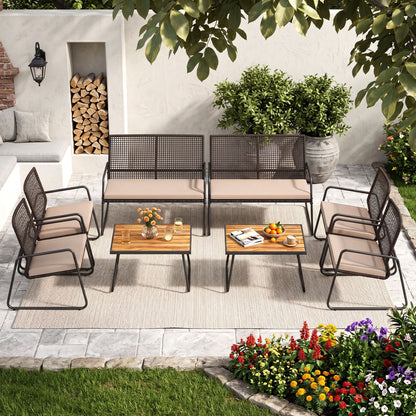8-piece patio furniture set with acacia wood coffee table and yellow zippered cushions, outdoor conversation set by Wilsons Home Store