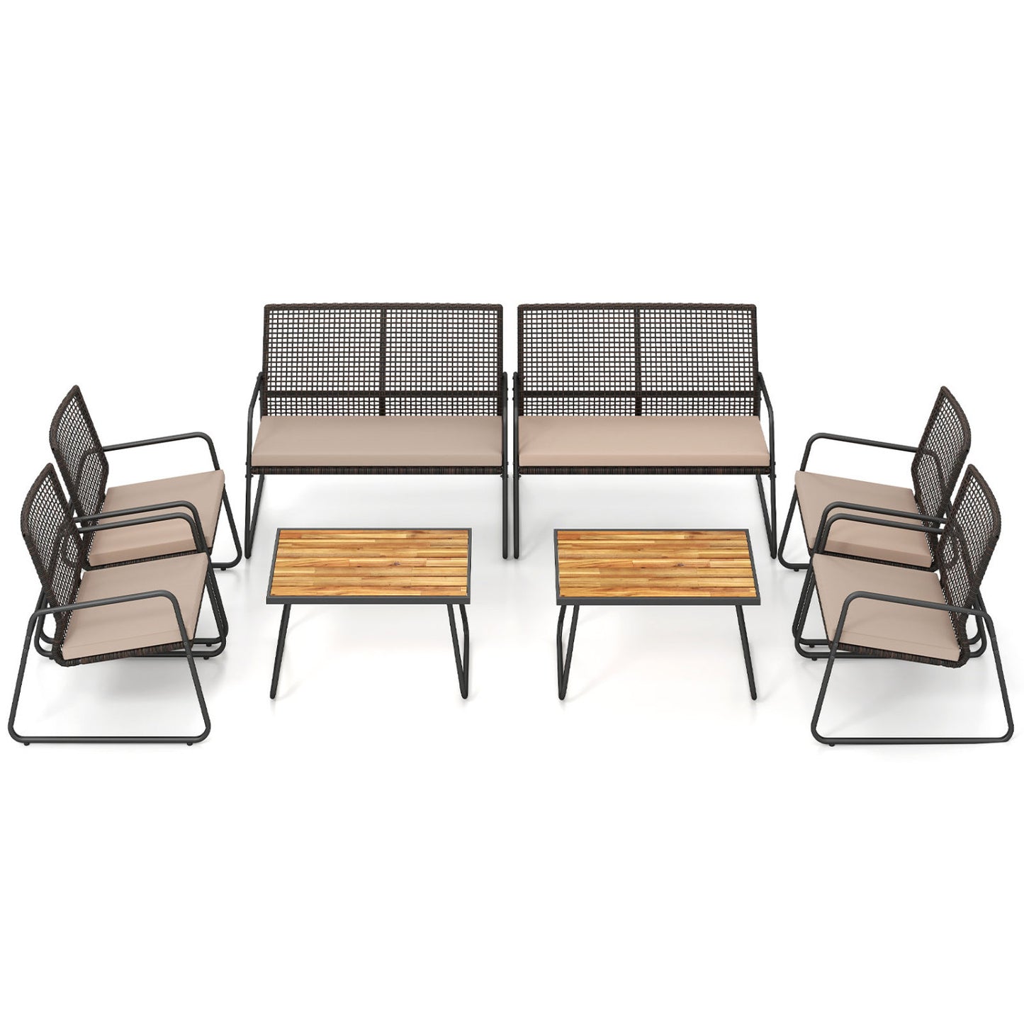 Eight-piece outdoor patio furniture set with acacia wood coffee table and yellow zippered cushions, perfect for outdoor seating.