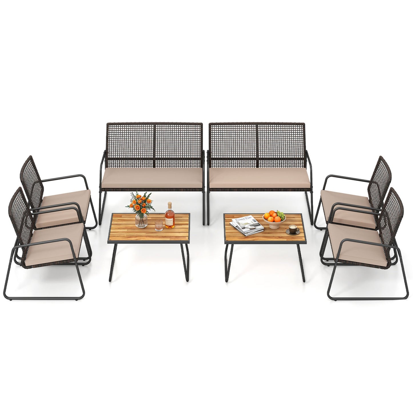 8-piece patio furniture set with acacia wood coffee table and yellow zippered cushions, outdoor conversation furniture by Wilsons.
