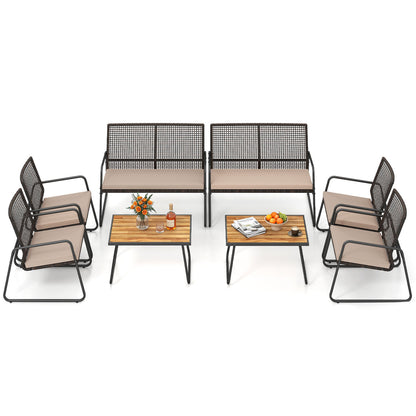 8-piece patio furniture set with acacia wood coffee table and yellow zippered cushions, outdoor conversation furniture by Wilsons.