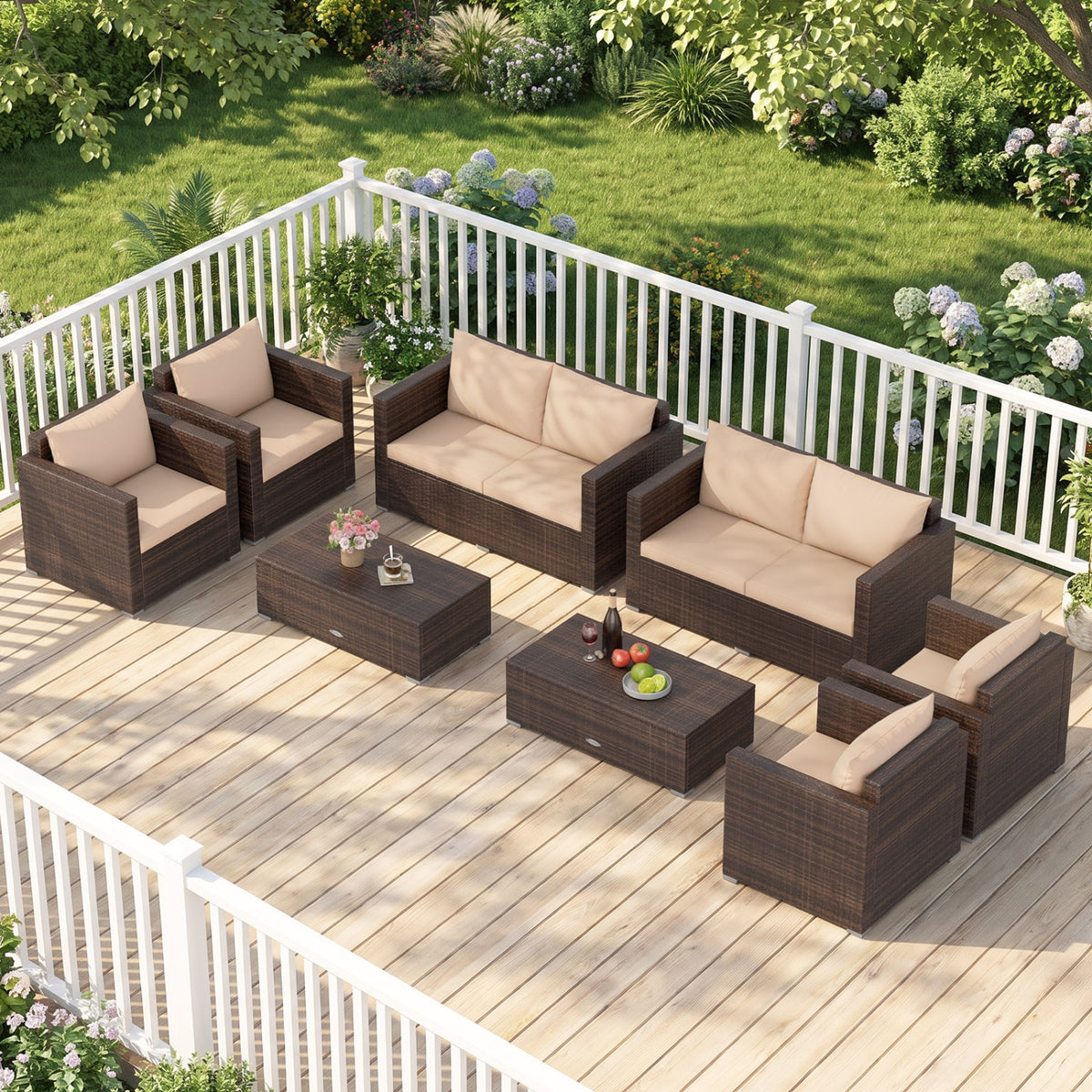 8 Pieces Patio Rattan Conversation Set with Padded Cushions-Brown
