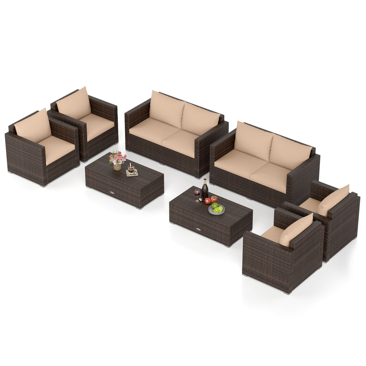 8 Pieces Patio Rattan Conversation Set with Padded Cushions-Brown