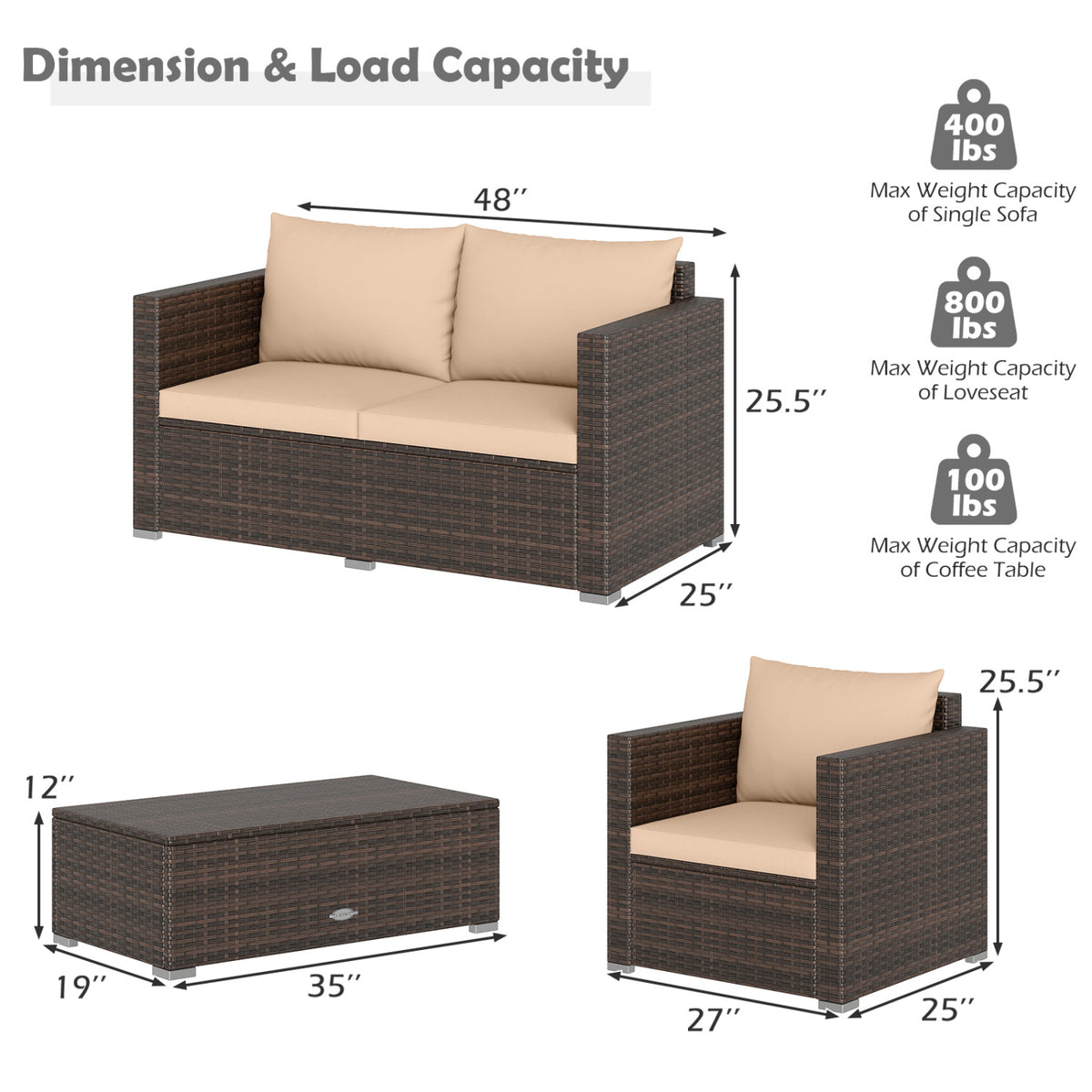 8 Pieces Patio Rattan Conversation Set with Padded Cushions-Brown