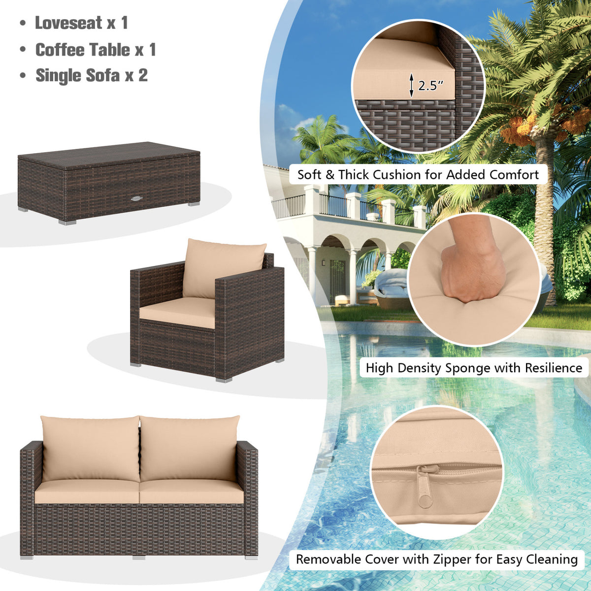 8 Pieces Patio Rattan Conversation Set with Padded Cushions-Brown