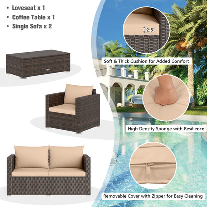 8 Pieces Patio Rattan Conversation Set with Padded Cushions-Brown