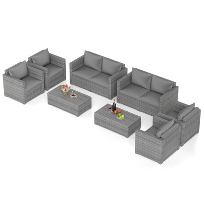 8 Pieces Patio Rattan Conversation Set with Padded Cushions for Yard-Gray