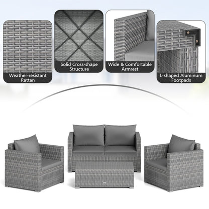 8 Pieces Patio Rattan Conversation Set with Padded Cushions for Yard-Gray